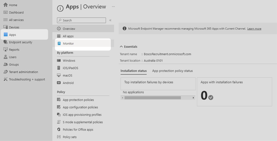 A screenshot of a user selecting monitor in the Microsoft Intune main menu