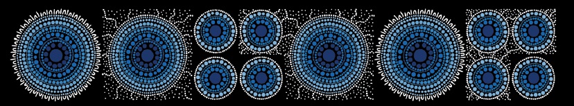 Aboriginal art piece with blue and white dots on a black background