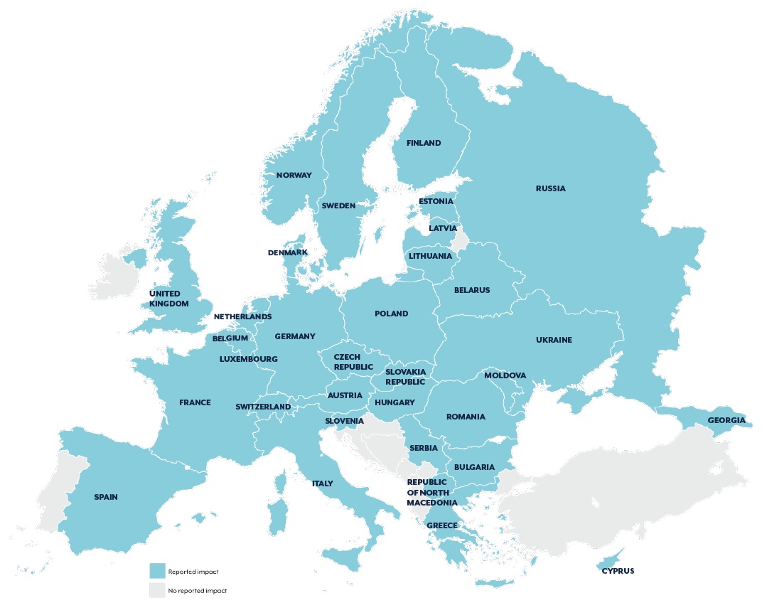 Map highlighting most countries surrounding Ukraine