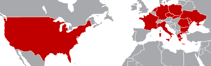 World map showing above countries targeted