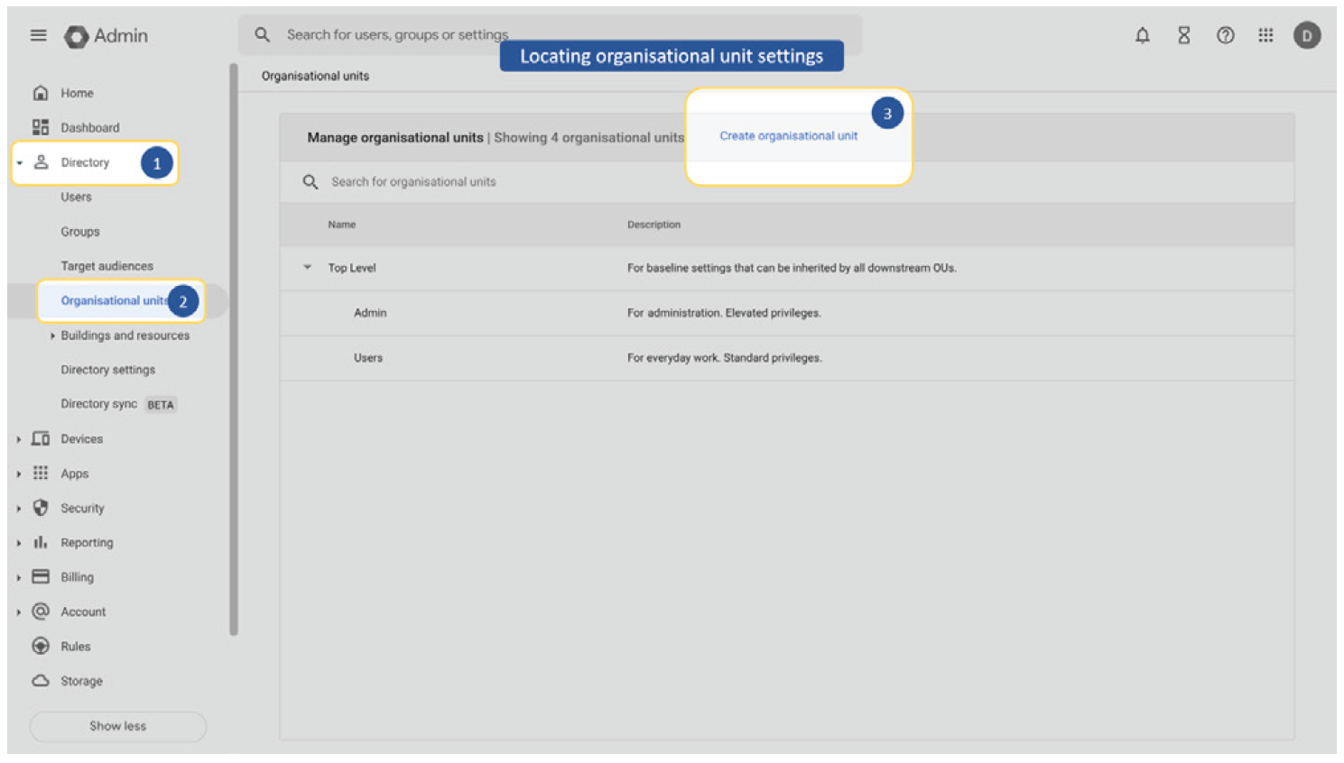 Locating organisational unit setting