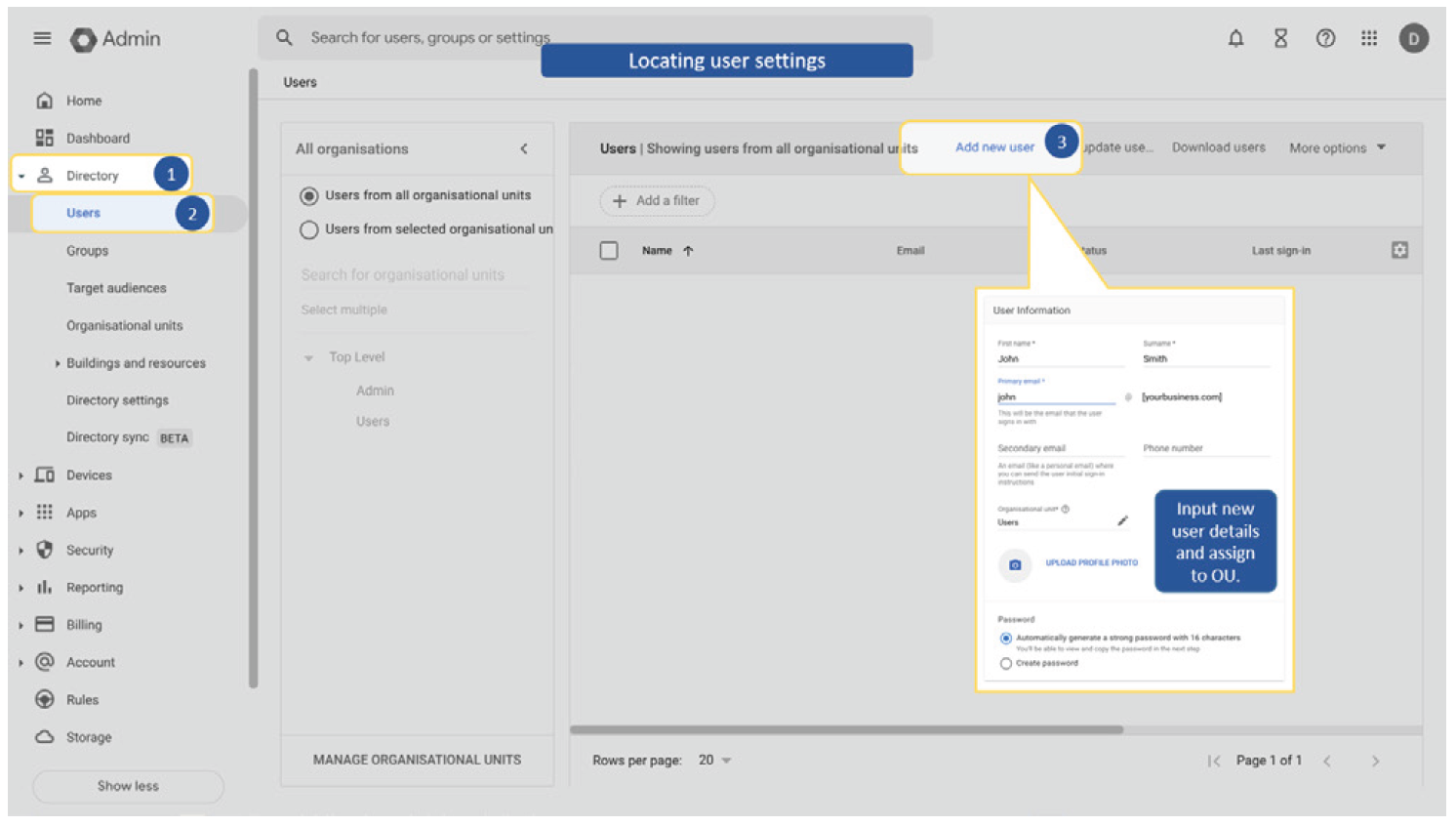 Locating user setting