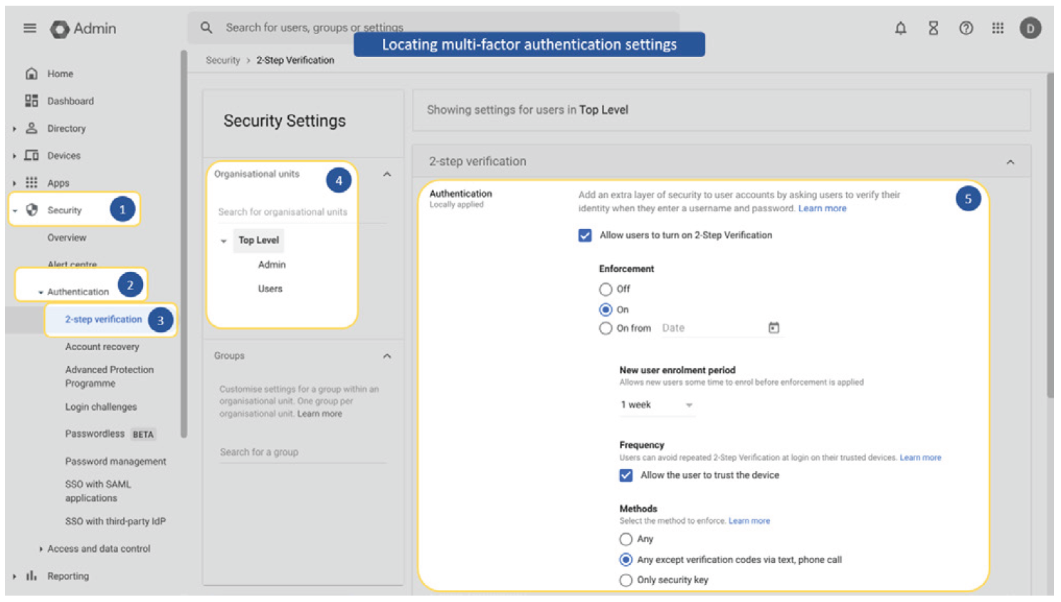 Locating multi-factor authentication settings