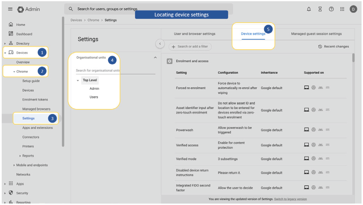 Locating device settings