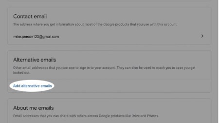 From the email options, scroll down to Alternative emails. It is important you check no unknown or suspicious email accounts are listed, as a cybercriminal may use these to access your account. If there are email addresses you don’t recognise select Manage alternate emails.