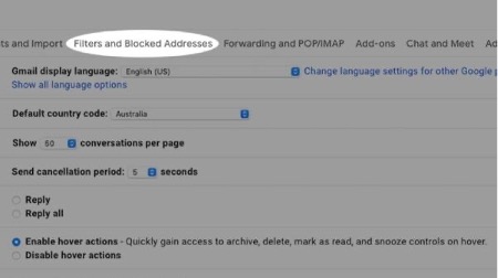 From the tabs at the top of the page, select the Filters and blocked addresses tab.