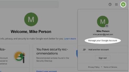 select the Profile icon (top right) and then select Manage your Google Account.