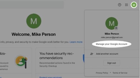 Profile icon (top right) and then select Manage your Google Account.