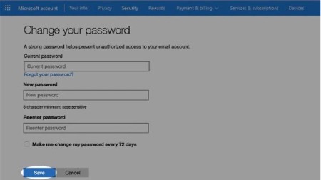 6. Enter your current password, your new password, confirm and select Save. By changing your password, all other sessions will be prompted for the new password which may take a few minutes.