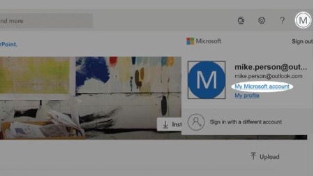 1. Select your Profile in the top right corner and select My Microsoft Account.
