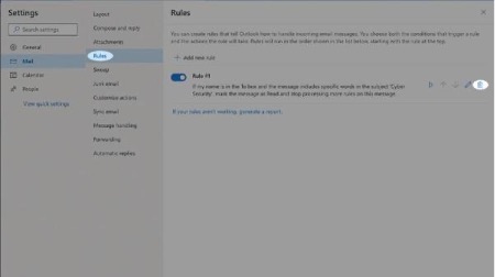 4. In the Mail side bar menu, select Rules in the sub-menu and view all the rules. Check for any rules you don’t recognise and remove them. To remove any rules, select the delete icon (trash icon) and select OK.