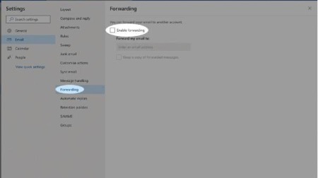 Next, select Forwarding in the sub-menu. From here you can check to see if any of your emails are being forwarded to another account.  Check that Enable Forwarding is unticked, or if forwarding is turned on, it is to an account you expected.