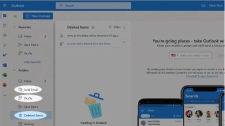 2. To check deleted items, select Deleted items in the side menu. You can recover deleted items by selecting Recover items deleted from this folder.  Undertake the same steps taken for your other folders, especially Drafts and Spam.
