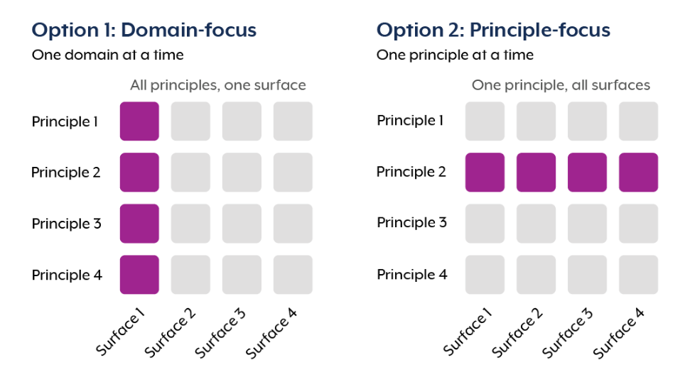 Option 1: Domain-focus. One domain at a time. All principles, one surface. Option 2: Principle-focus. One principle at a time. One principle, all surfaces.