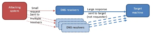 A diagram describing domain name server reflection and amplification attacks