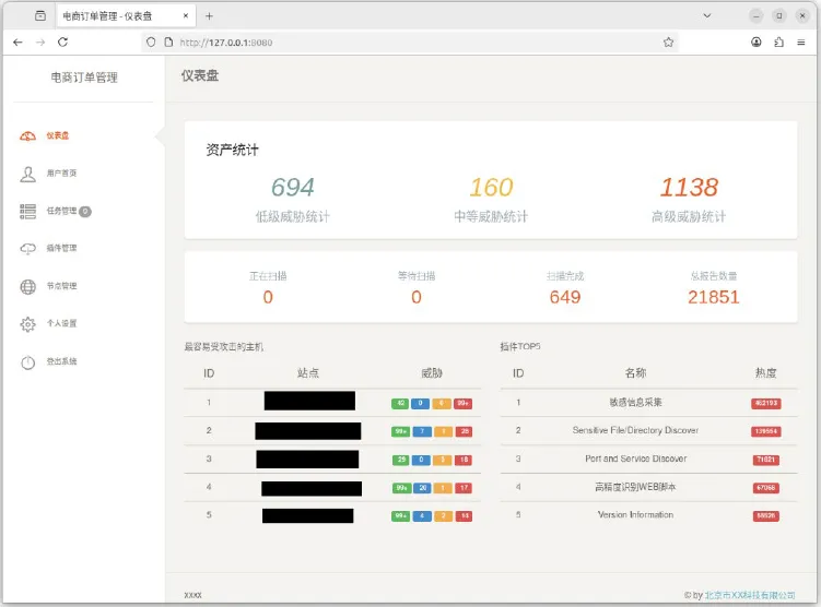 Screenshot of online dashboard showing detected vulnerabilities